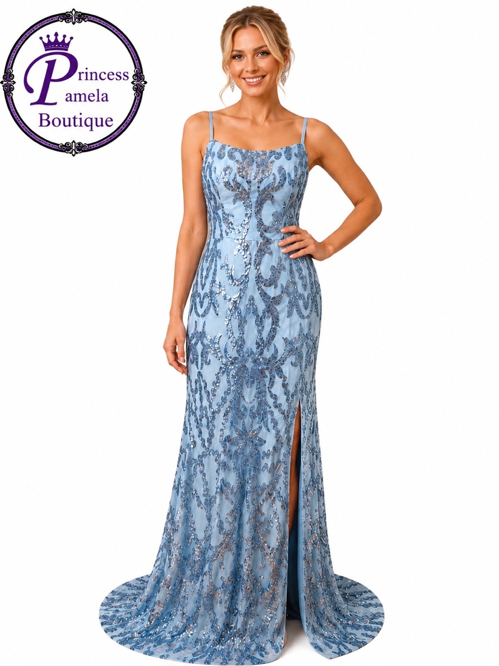 #32-4 Light blue sequin scroll pattern evening gown-Size 8/Medium